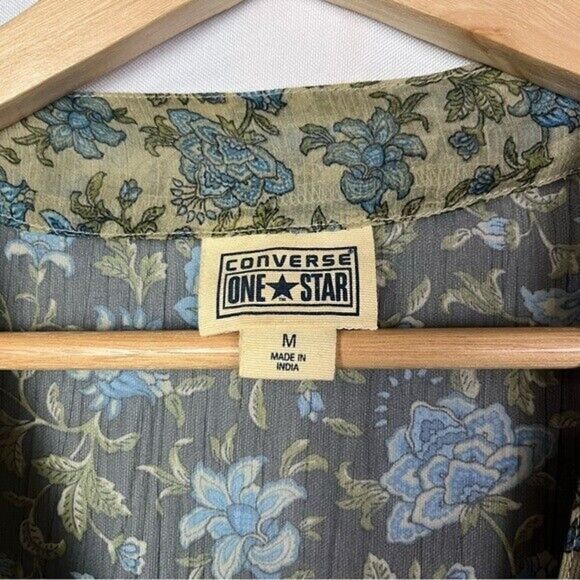 Converse One Star Gray Floral Sheer Y2K Short Sleeve Blouse M - Picture 4 of 4